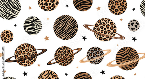 Creative space pattern featuring planets with animal skin textures like leopard and zebra spots on a white background with black stars.
