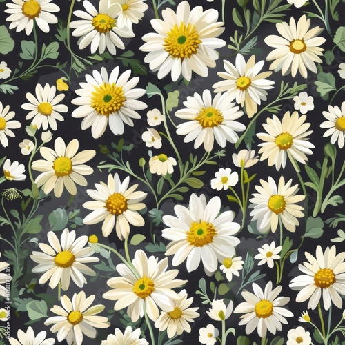 A seamless pattern of vibrant white daisies with yellow centers on a dark background. The floral illustration includes green leaves and a lush botanical design for textiles or wallpaper design.