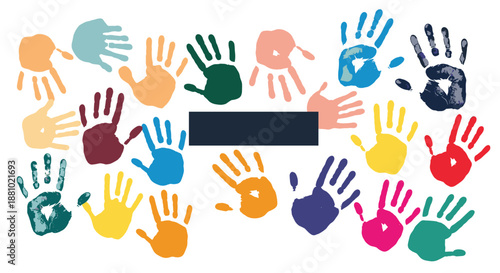 Vibrant composition of colorful paint handprints arranged around a dark central rectangular block on a clean white background.