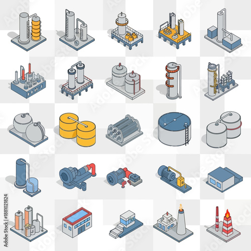 Industrial equipment icons set in black and white.