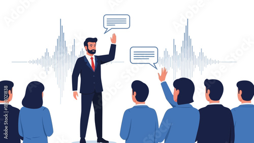 Business Speaker Presenting to Audience with Speech Bubbles and Sound Waves