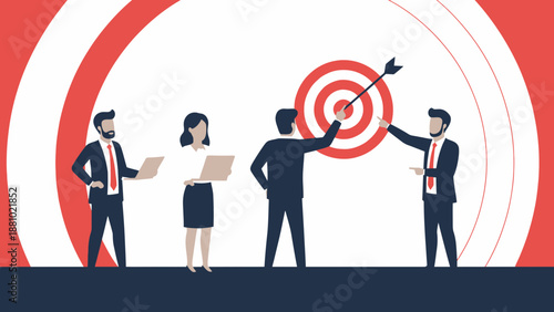 Business team aiming at target, achieving goals, strategy and success illustration