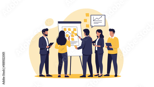 Business team brainstorming and planning strategy on whiteboard, flat illustration