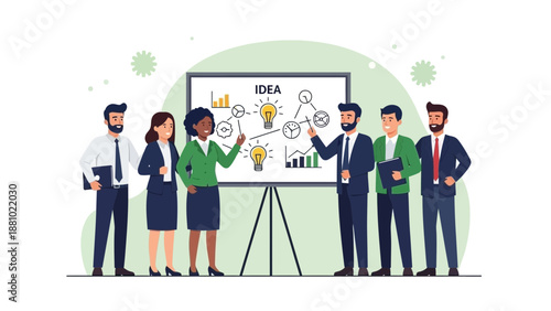 Business team brainstorming ideas and planning strategy on whiteboard