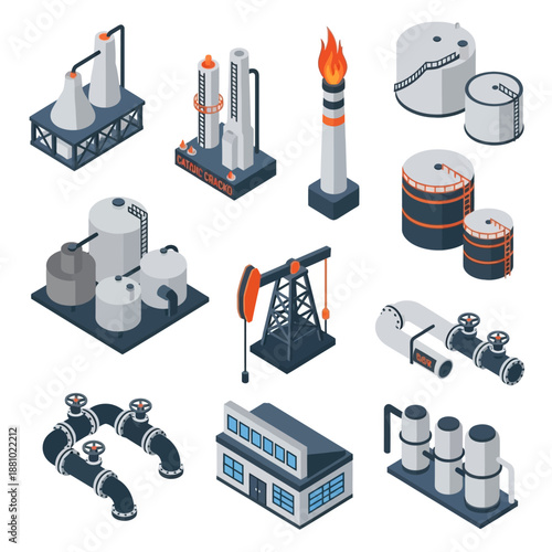 Isometric icons depicting various elements of the oil and gas industry, including refineries, storage tanks, pumpjacks, and pipelines.