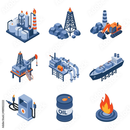 Isometric icons set depicting various aspects of the oil, gas, and mining industries, including refineries, derricks, excavators, tankers, and gas stations.