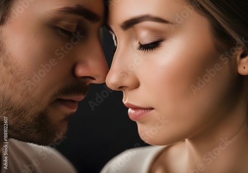 Couple Forehead Touch Intimate Close-up, Romantic Affection, Soft Light Portrait