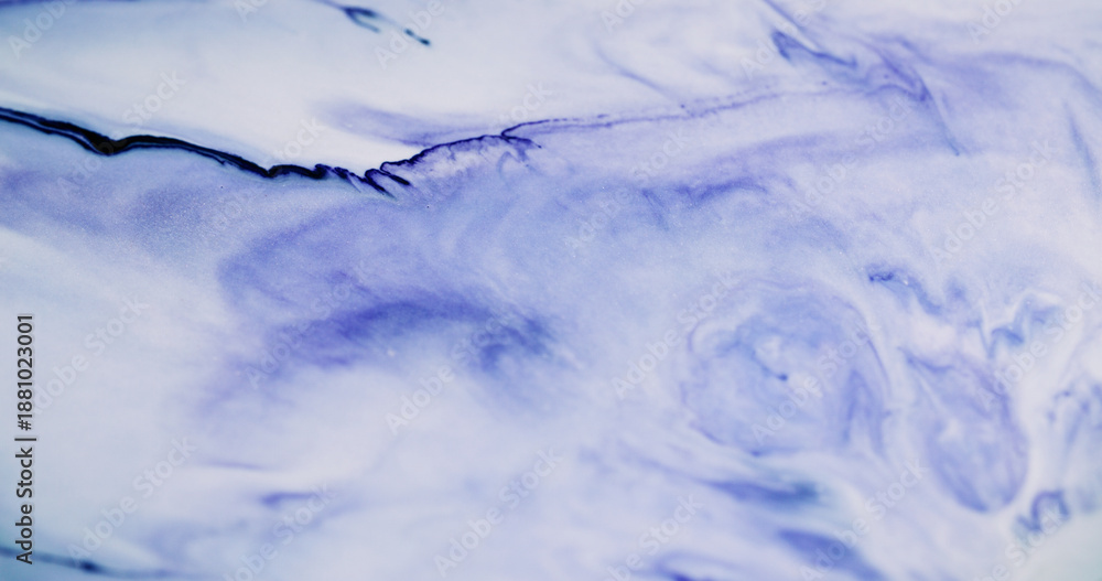 Obraz premium Blur pigment blend. Paint flow. Blue color dye wave dissolving on white acrylic background. Abstract art texture curl ink emulsion.