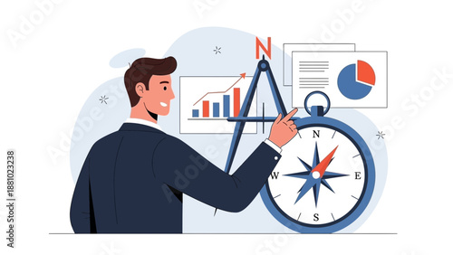 Businessman with compass and growth chart, strategic planning and business direction