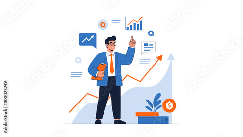 Businessman with upward graph, financial growth concept, business success illustration