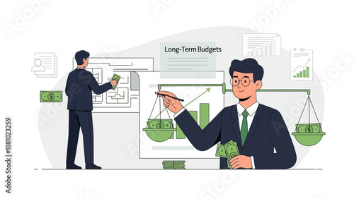 Businessmen planning long-term budgets, financial growth and investment strategy