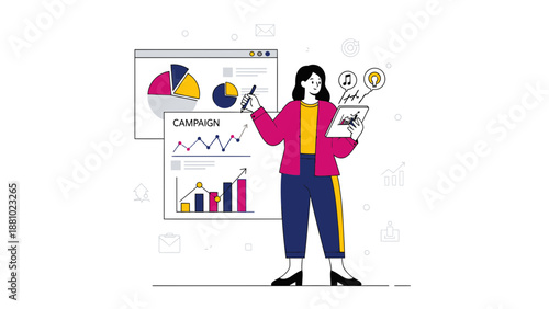 Businesswoman analyzing marketing campaign data on charts and graphs