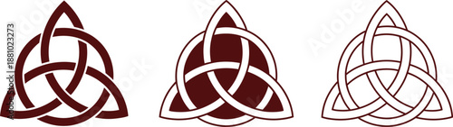 Three intricately woven celtic knots in shades of maroon and white are displayed showcasing decorative art with a consistent style on transparent background high-quality professional