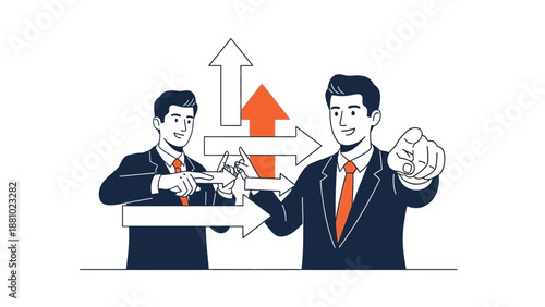 Businessmen pointing and arrows indicating growth and direction concept