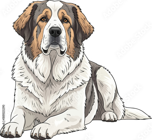 Pyrenean Mastiff dog lying down attentive resting guard pose