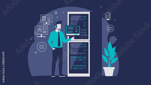 IT Support Specialist Working with Server Rack and Computers, Data Center Concept