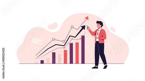 Man analyzes financial growth chart with rising arrow and bar graph