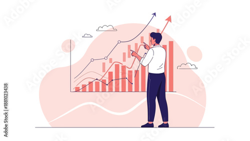 Man analyzing upward trending business graph with bar and line charts