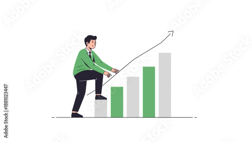 Man climbing bar chart representing business growth and success