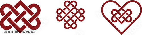 Three intricate red celtic knot designs featuring interwoven patterns and a heart shape perfect for design elements on transparent background high-quality professional detailed modern elegant