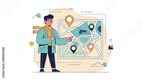 Man pointing at a city map with navigation pins, modern flat illustration