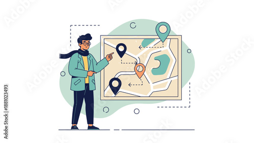 Man pointing at map with location pins, planning route, travel concept illustration