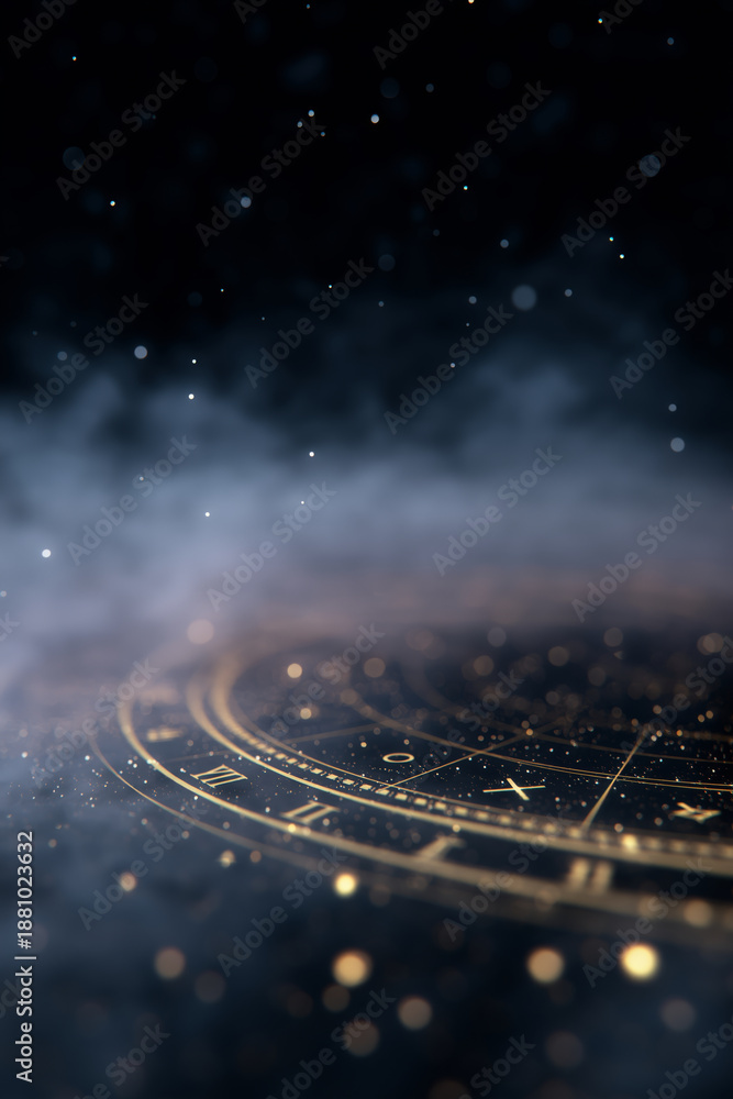 Fototapeta premium Mystical astrological clock face with glowing particles and ethereal smoke in the darkness
