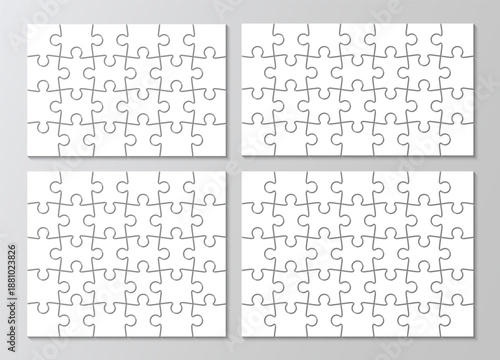 Four puzzles grid set. Process jigsaw diagram presentation. Infographics collection. business chain infographic. Business info graphic with steps, parts. Vector illustration