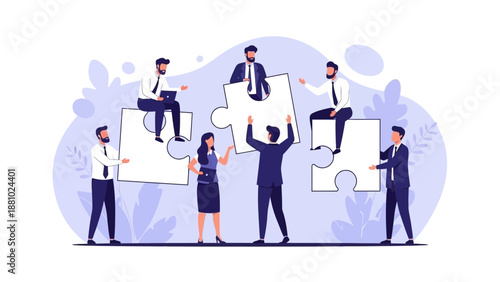Teamwork Puzzle Concept: Business People Assembling Jigsaw Pieces