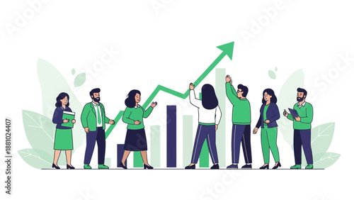 Teamwork reaching business growth with upward trend graph and success