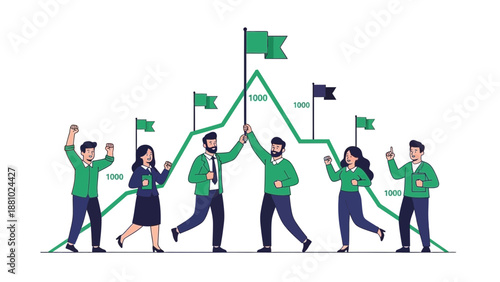 Teamwork Success: Business People Celebrating Reaching Goals on Mountain Peak