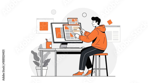 Web designer working on computer, modern illustration, UI UX design concept