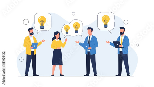 Teamwork, brainstorming, and idea generation with lightbulbs in speech bubbles