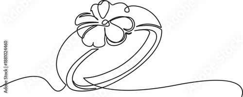 Minimalist wedding ring one line outline illustration on white showing a single band adorned with a delicate blooming flower symbol for romance and nature lovers
