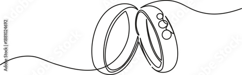 Modern wedding ring continuous one line minimalist illustration of a classic band paired with a three-stone engagement ring for a timeless bridal look