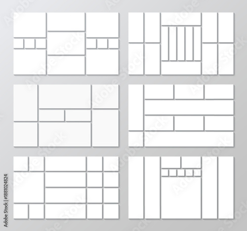 Mosaic pictures frame template. . Photo collage abstract forms. Moodboard layout set. Album brandboard grid collection. Gallery banner. Portfolio images. Retro background. Vector illustration