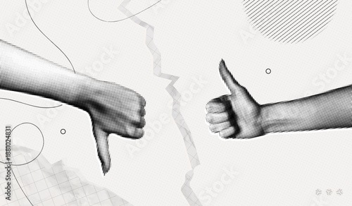 Trendy Halftone Collage Two Woman Hands with like and dislike gestures. Arm showing thumb up. Discussion in conversation, work and social media. Feedback banner. Contemporary vector illustration art
