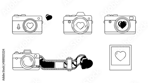 Camera collection with heart shapes isolated on white background, Vector