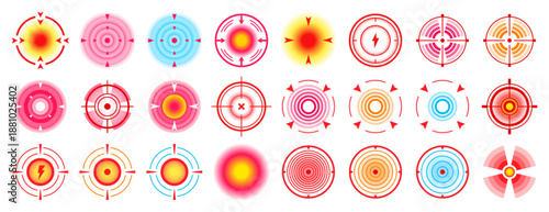 Point pain in muscles, teeth, head, throat, neck, stomach, joints. Inflammation markers set. Circle painful area with red and blue target. Body spots, muscle acute spasm icons. Ache localization signs