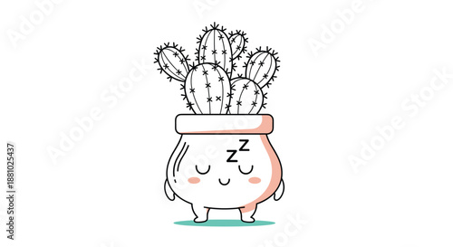 Cute cartoon cactus character in a ceramic pot sleeping peacefully with its eyes closed and zzz symbols on a white background.