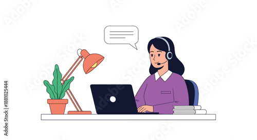 Professional customer service representative woman with a headset working at her desk with a laptop and a desk lamp.