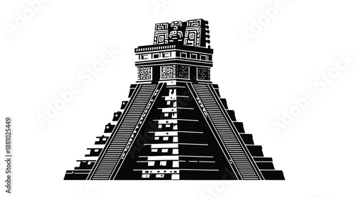 A striking black and white illustration of a classic mayan pyramid structure