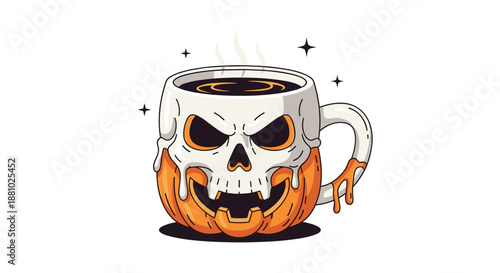 Creative halloween themed mug designed as a jack o lantern pumpkin with a white skull melting over the top part of it.