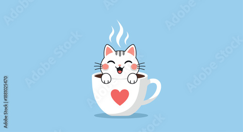 Charming white kitten with a happy face sitting inside a white coffee cup decorated with a red heart on a blue background.