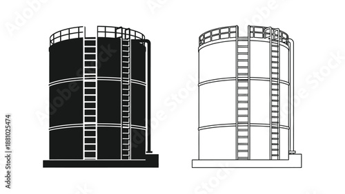 Two industrial storage tanks with ladders depicted in a black and white illustration
