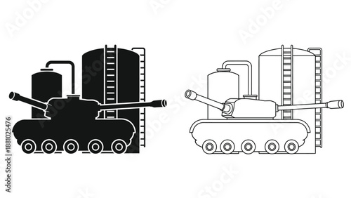 Black and white illustration of a tank depicted in two different styles