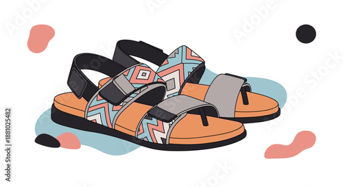 Pair of comfortable sporty sandals featuring black soles and straps decorated with a colorful geometric tribal pattern.