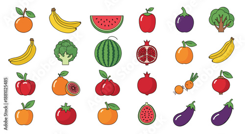Extensive grid of various fruit and vegetable icons including bananas watermelon and apples on white background.