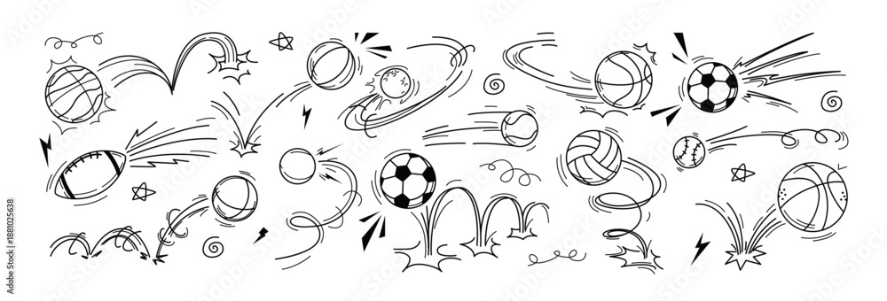 Naklejka premium Vector sport ball doodle illustration with motion and bounce line effects. Hand drawn soccer, football, basketball, rugby, volleyball and baseball icons with flying movement and jump trajectory