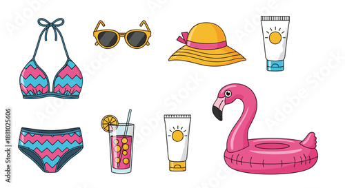 Collection of summer beach accessories including a bikini, sunglasses, hat, sunscreen, cocktail, and a flamingo float.